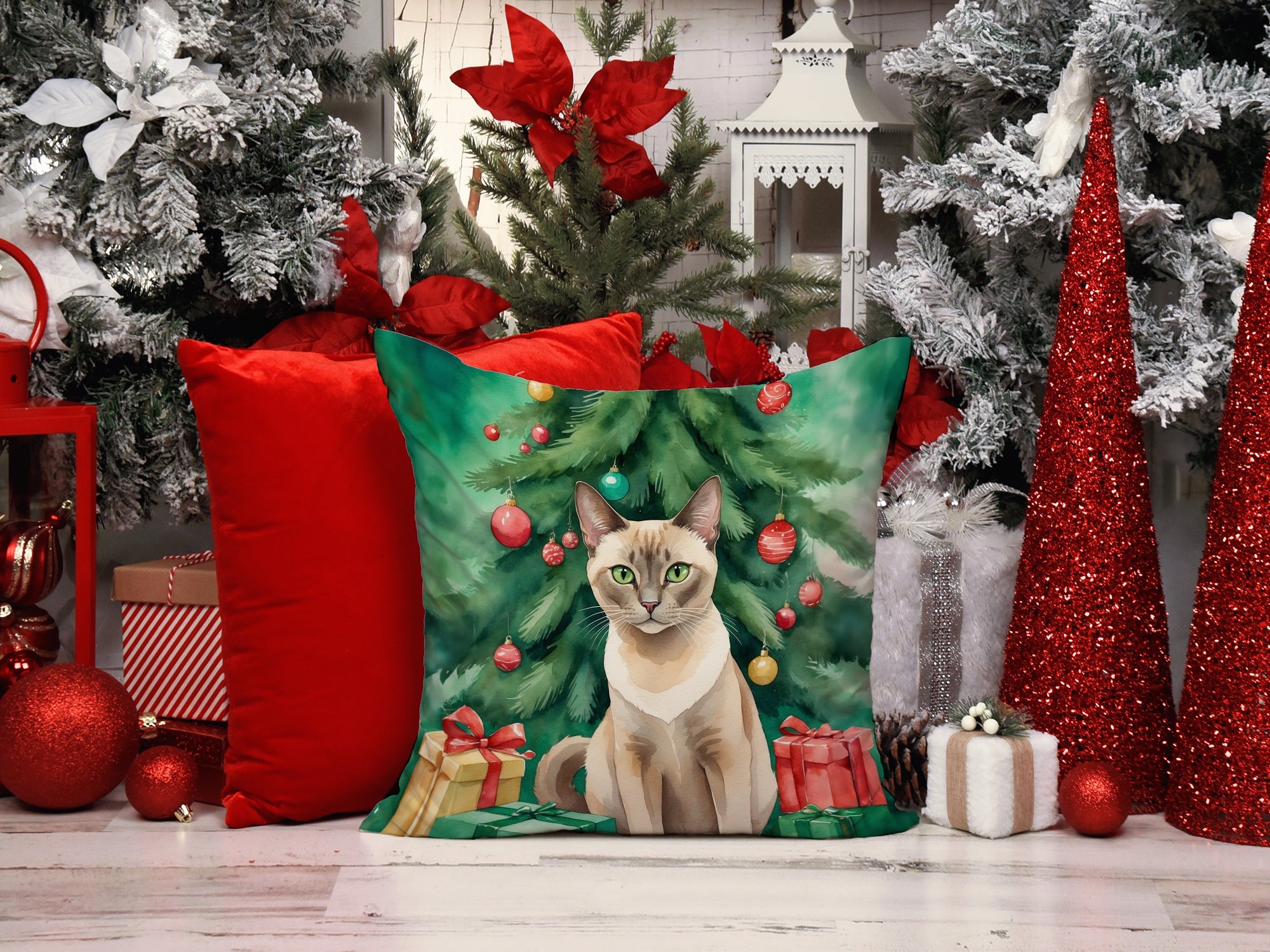 Tonkinese Cat By the Christmas Tree Decorative Throw Pillow 18x18 Indoor Outdoor Accent Cushion, Fabric Cover with Insert for Sofa, Bed, Porch & Living Room