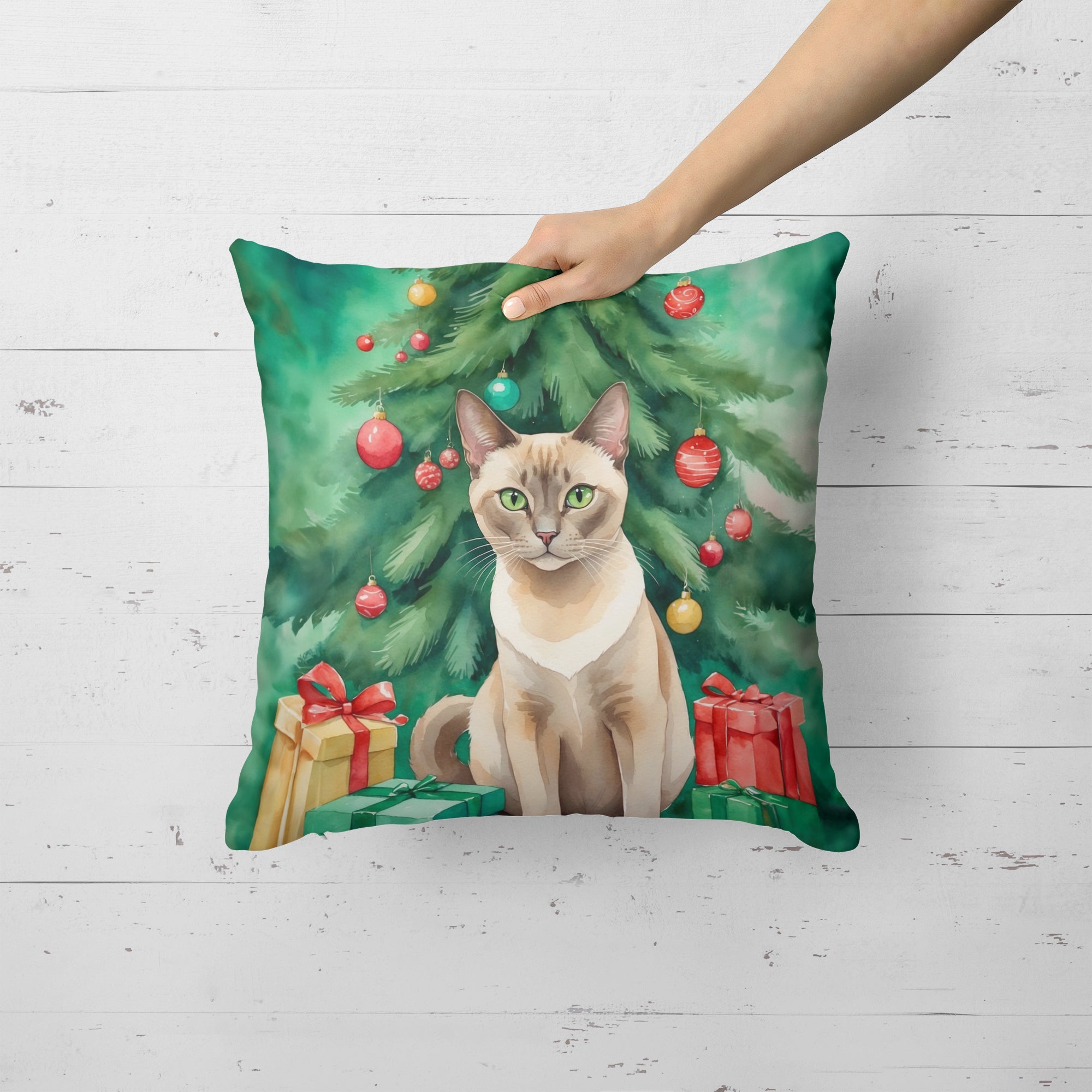 Tonkinese Cat By the Christmas Tree Decorative Throw Pillow 18x18 Indoor Outdoor Accent Cushion, Fabric Cover with Insert for Sofa, Bed, Porch & Living Room