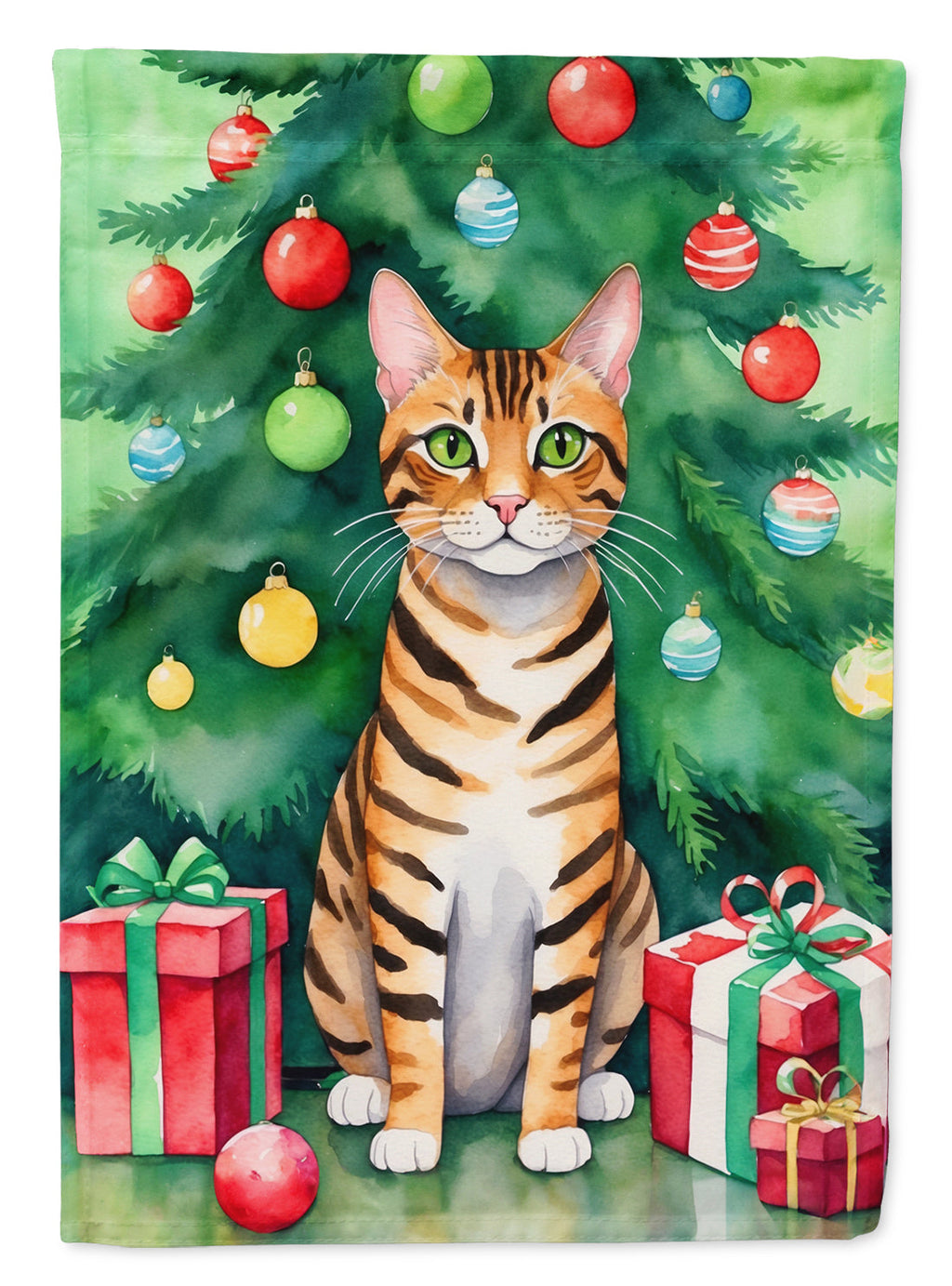 Toyger Cat By the Christmas Tree House Flag 28x40 Porch Sleeve Pole Decorative Outside Yard Banner Artwork Wall Hanging, Polyester