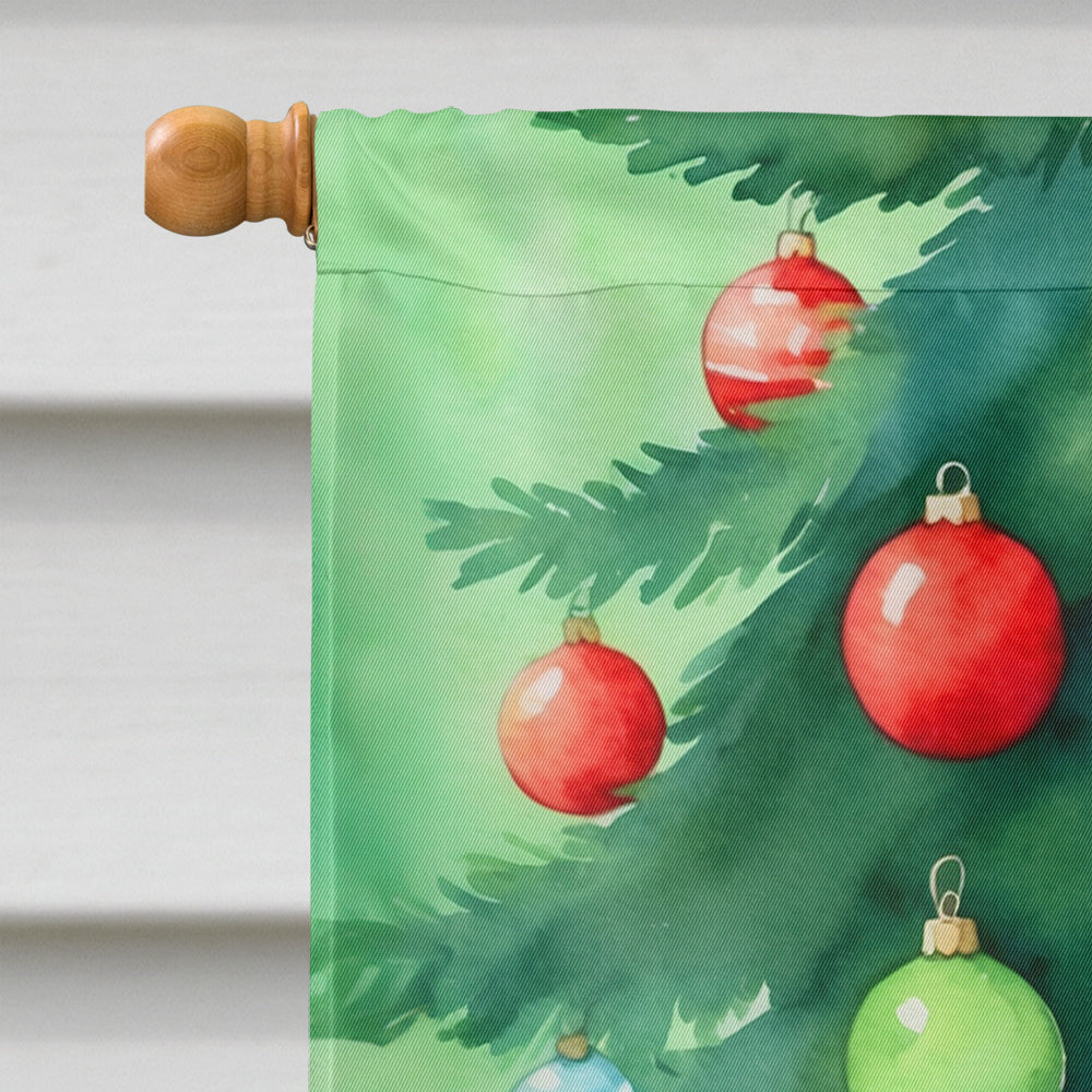 Toyger Cat By the Christmas Tree House Flag 28x40 Porch Sleeve Pole Decorative Outside Yard Banner Artwork Wall Hanging, Polyester