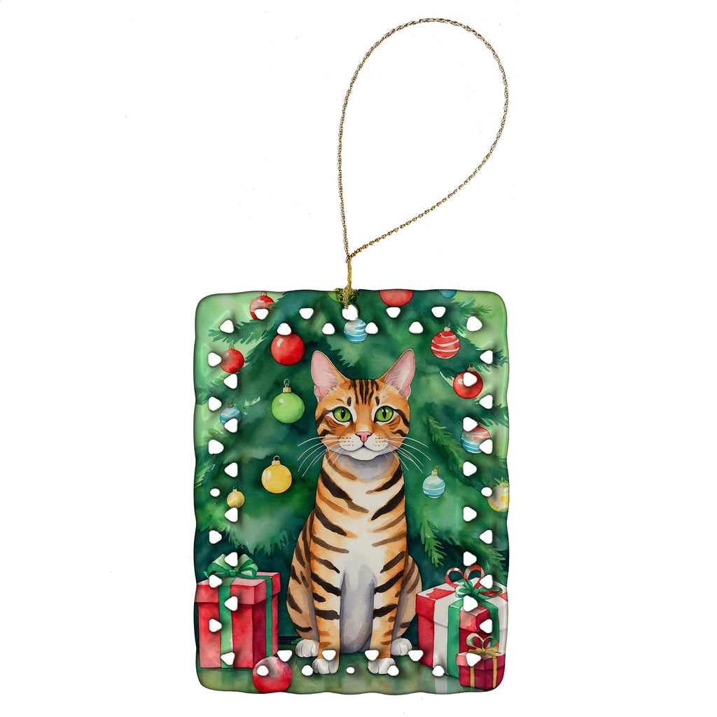 Toyger Cat By the Christmas Tree Porcelain Ornament Christmas Tree Hanging Decorations for Home Christmas Holiday, Rectangle, Gift, Multicolor