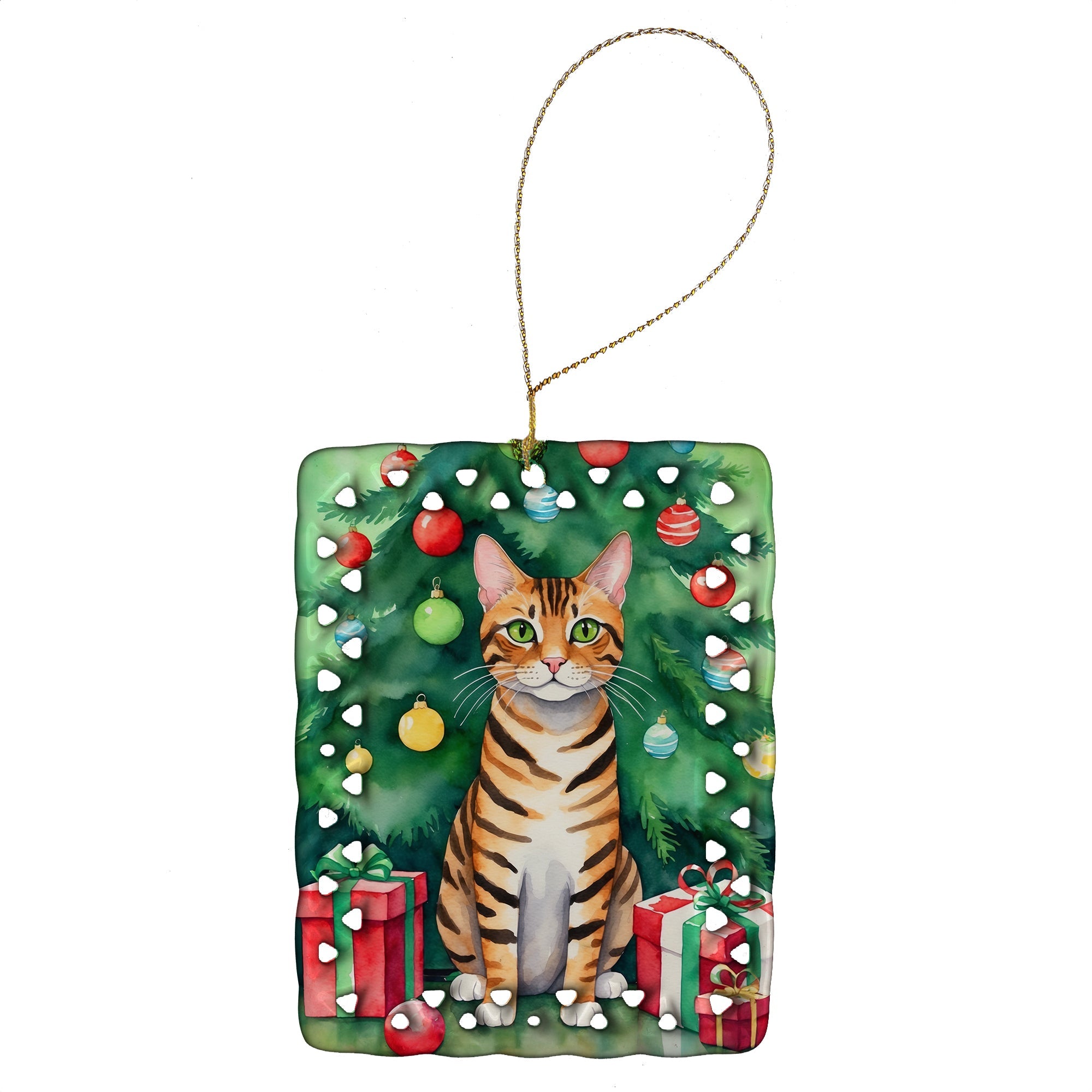 Toyger Cat By the Christmas Tree Porcelain Ornament Christmas Tree Hanging Decorations for Home Christmas Holiday, Rectangle, Gift, Multicolor