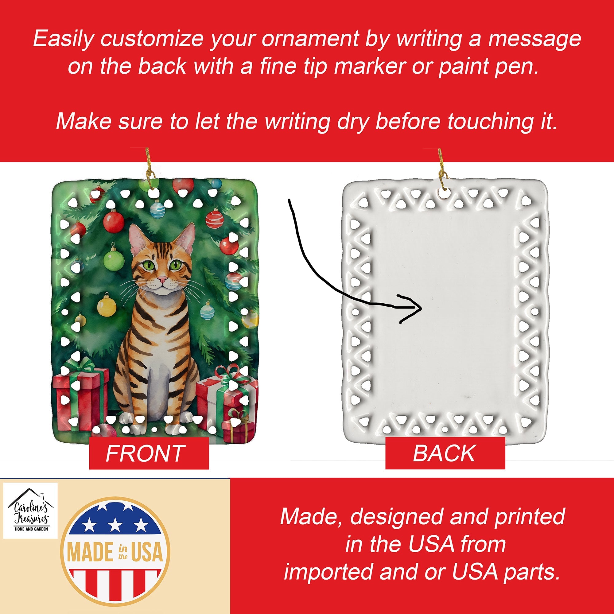 Toyger Cat By the Christmas Tree Porcelain Ornament Christmas Tree Hanging Decorations for Home Christmas Holiday, Rectangle, Gift, Multicolor