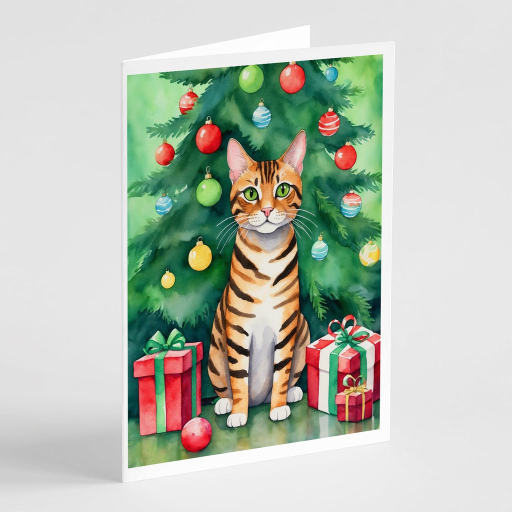 Toyger Cat By the Christmas Tree Greeting Cards Pack of 8 Blank Cards with Envelopes Whimsical A7 Size 5x7