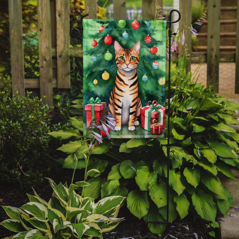 Toyger Cat By the Christmas Tree Garden Flag Mailbox Decorative Yard Banner Outside Patio Artwork for Flower Beds, Garden Size, Multicolor