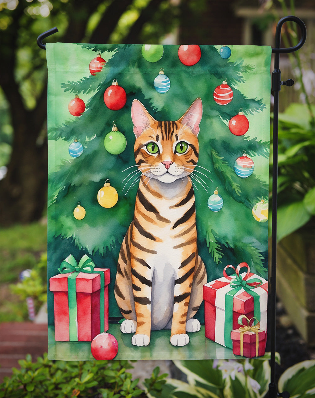 Toyger Cat By the Christmas Tree Garden Flag Mailbox Decorative Yard Banner Outside Patio Artwork for Flower Beds, Garden Size, Multicolor