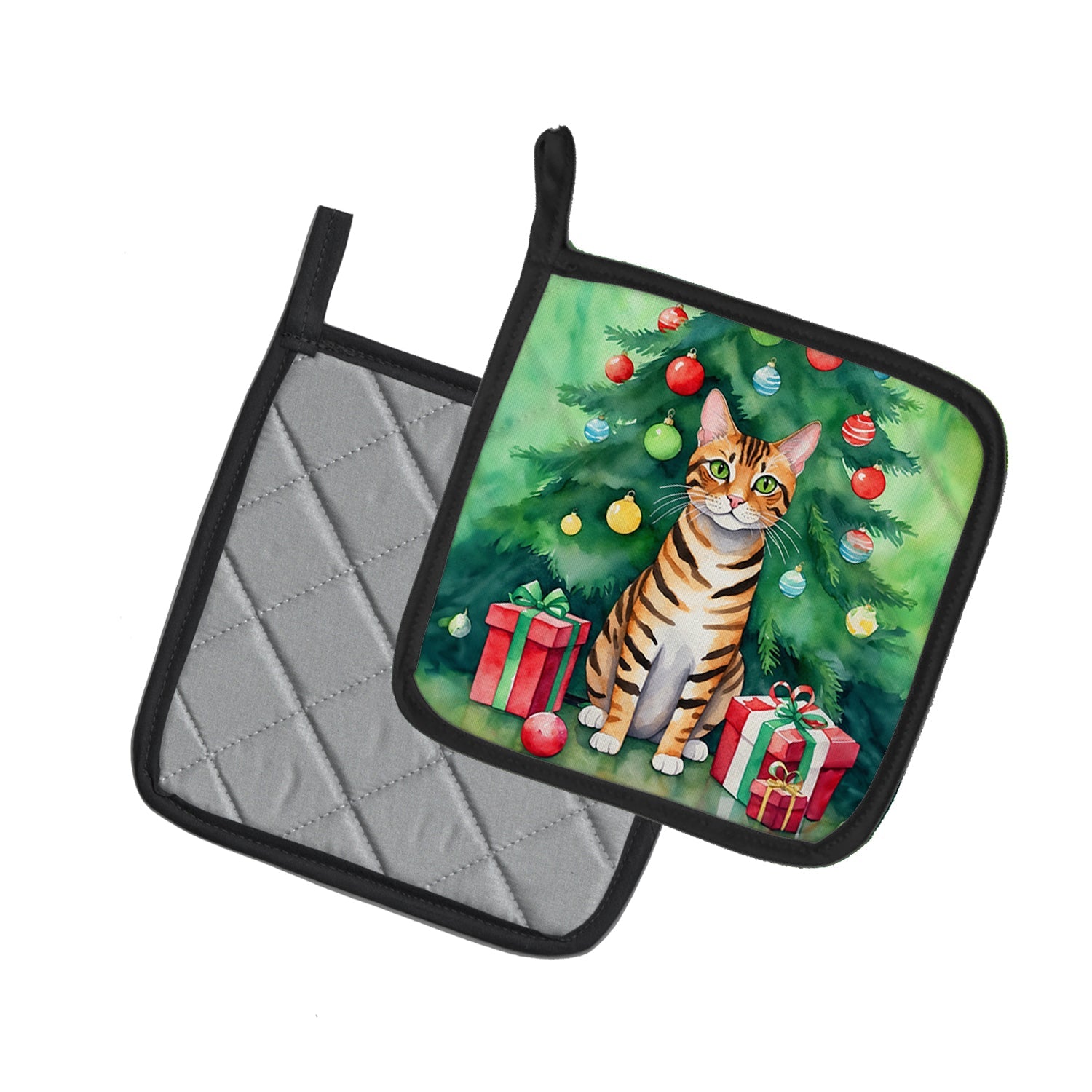 Toyger Cat By the Christmas Tree Pot Holder Set of 2 Heat Resistant Quilted Hot Pads 7.5 x 7.5 Inch, Insulated Kitchen Trivets for Cooking & Baking