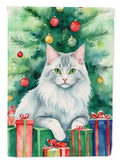 Turkish Angora Cat By the Christmas Tree House Flag 28x40 Porch Sleeve Pole Decorative Outside Yard Banner Artwork Wall Hanging, Polyester