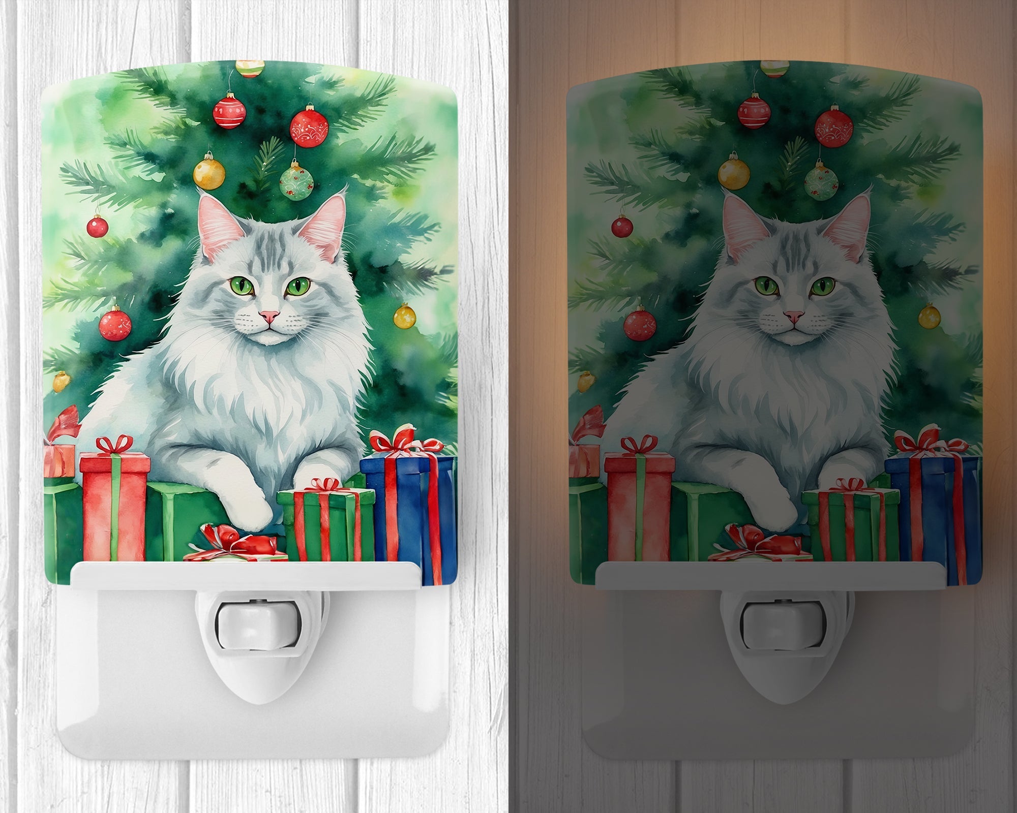 Turkish Angora Cat By the Christmas Tree Ceramic Night Light Compact, UL-Certified, Ideal for Bedroom, Bathroom, Nursery, Hallway, Kitchen, 6x4x3, Multicolor