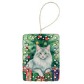 Turkish Angora Cat By the Christmas Tree Porcelain Ornament Christmas Tree Hanging Decorations for Home Christmas Holiday, Rectangle, Gift, Multicolor