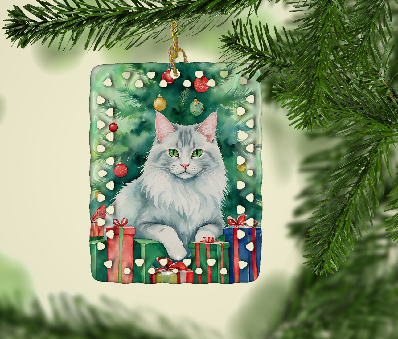 Turkish Angora Cat By the Christmas Tree Porcelain Ornament Christmas Tree Hanging Decorations for Home Christmas Holiday, Rectangle, Gift, Multicolor