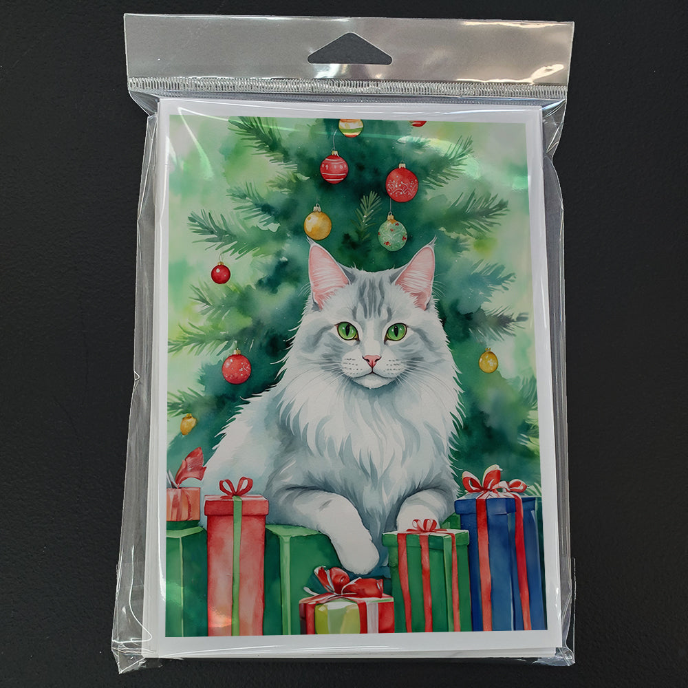 Turkish Angora Cat By the Christmas Tree Greeting Cards Pack of 8 Blank Cards with Envelopes Whimsical A7 Size 5x7