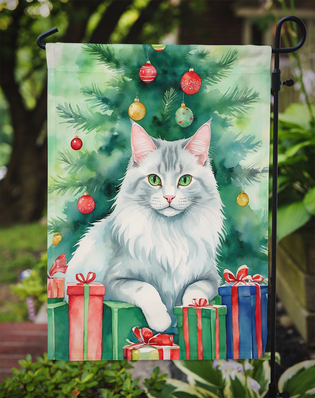 Turkish Angora Cat By the Christmas Tree Garden Flag Mailbox Decorative Yard Banner Outside Patio Artwork for Flower Beds, Garden Size, Multicolor