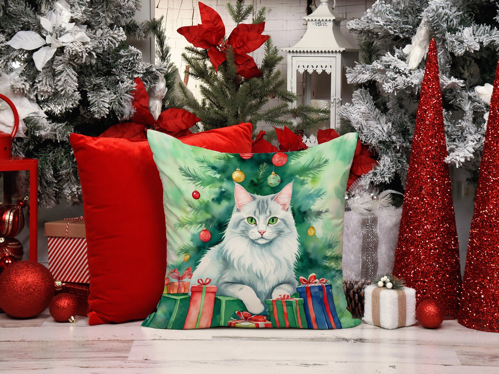 Turkish Angora Cat By the Christmas Tree Decorative Throw Pillow 18x18 Indoor Outdoor Accent Cushion, Fabric Cover with Insert for Sofa, Bed, Porch & Living Room