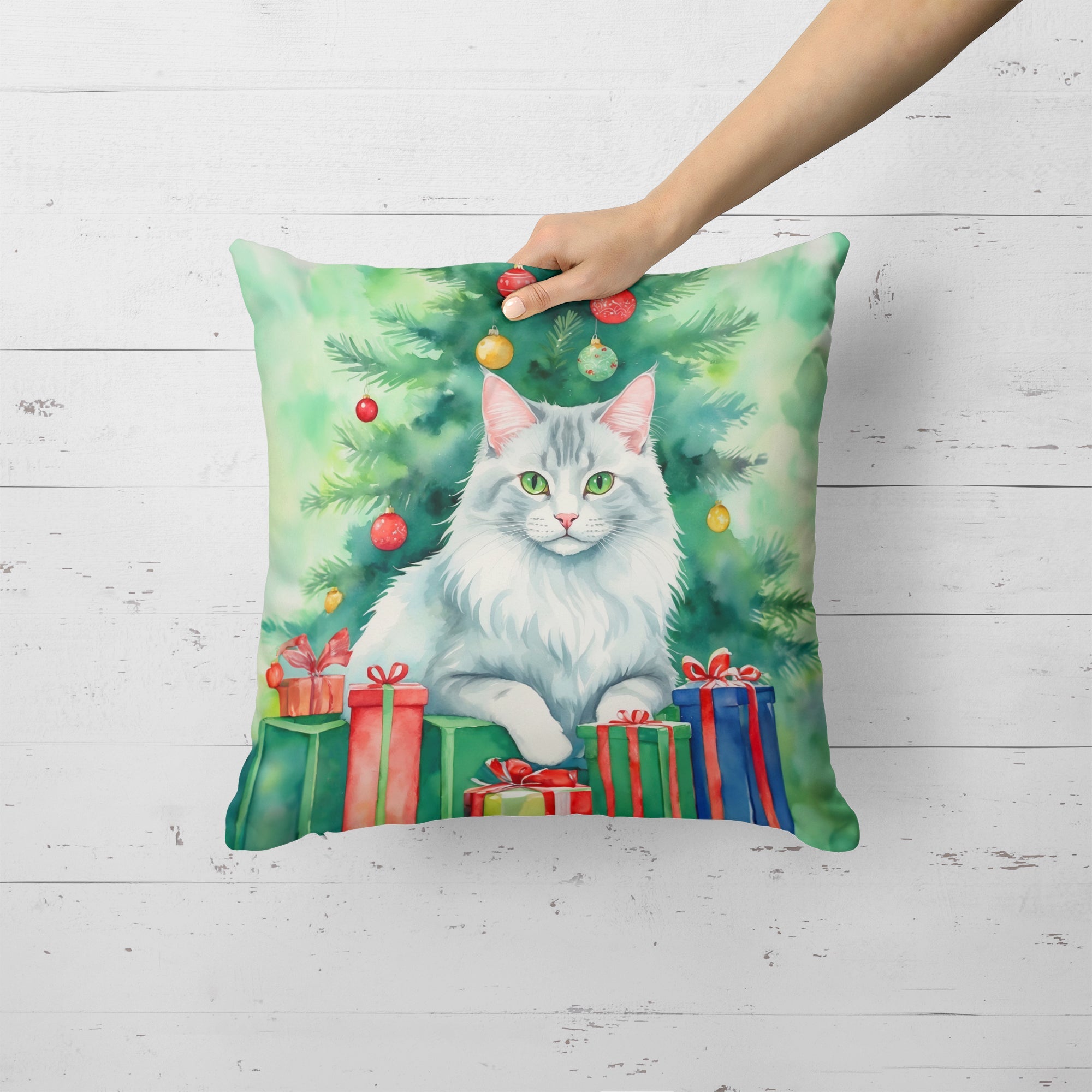 Turkish Angora Cat By the Christmas Tree Decorative Throw Pillow 18x18 Indoor Outdoor Accent Cushion, Fabric Cover with Insert for Sofa, Bed, Porch & Living Room