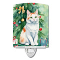 Turkish Van Cat By the Christmas Tree Ceramic Night Light Compact, UL-Certified, Ideal for Bedroom, Bathroom, Nursery, Hallway, Kitchen, 6x4x3, Multicolor