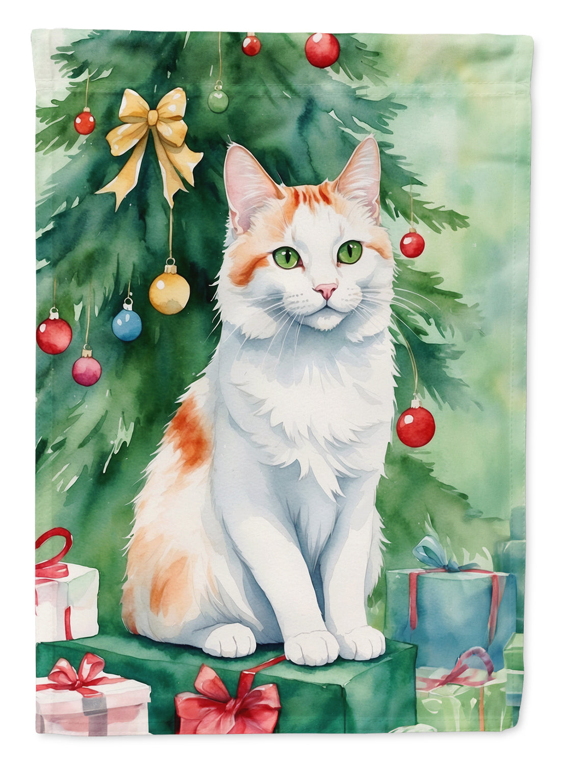 Turkish Van Cat By the Christmas Tree Garden Flag Mailbox Decorative Yard Banner Outside Patio Artwork for Flower Beds, Garden Size, Multicolor