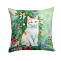 Turkish Van Cat By the Christmas Tree Decorative Throw Pillow 14x14 Indoor Outdoor Accent Cushion, Fabric Cover with Insert for Sofa, Bed, Porch & Living Room