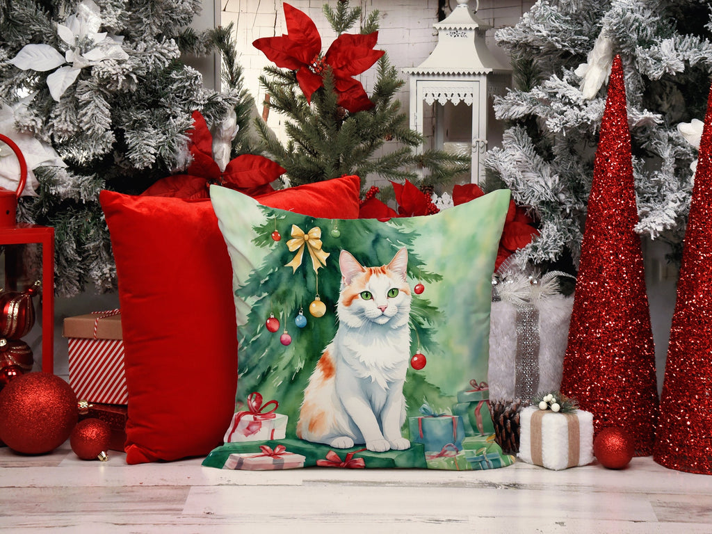 Turkish Van Cat By the Christmas Tree Decorative Throw Pillow 18x18 Indoor Outdoor Accent Cushion, Fabric Cover with Insert for Sofa, Bed, Porch & Living Room