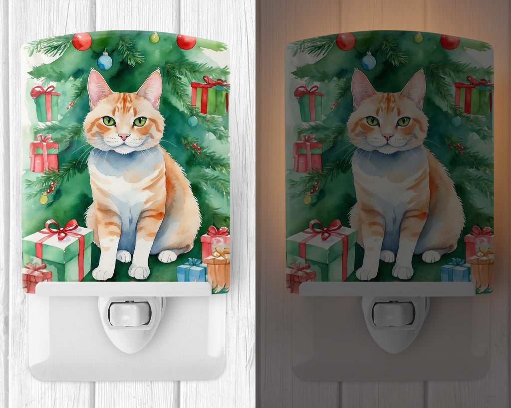 Ural Rex Cat By the Christmas Tree Ceramic Night Light Compact, UL-Certified, Ideal for Bedroom, Bathroom, Nursery, Hallway, Kitchen, 6x4x3, Multicolor