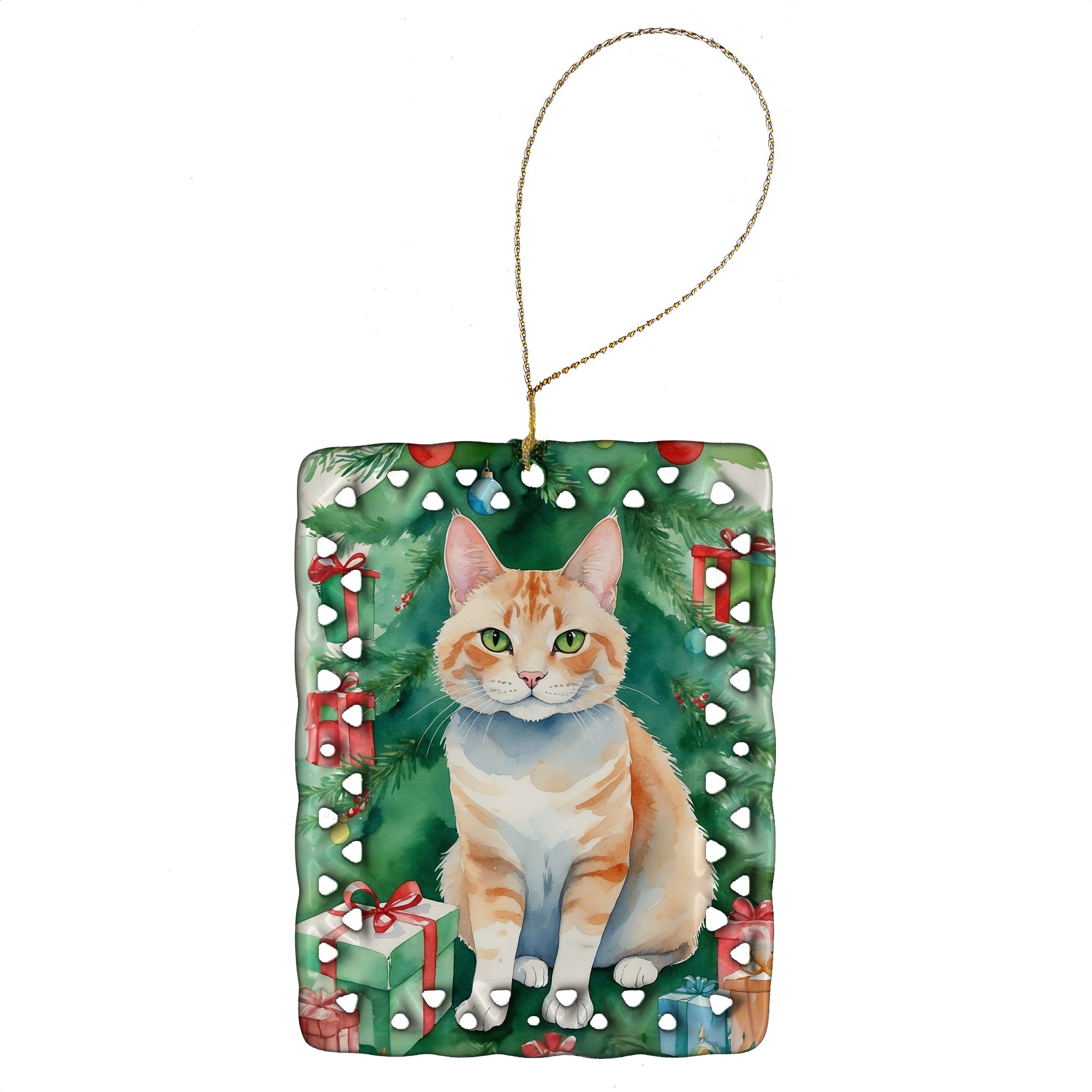 Ural Rex Cat By the Christmas Tree Porcelain Ornament Christmas Tree Hanging Decorations for Home Christmas Holiday, Rectangle, Gift, Multicolor