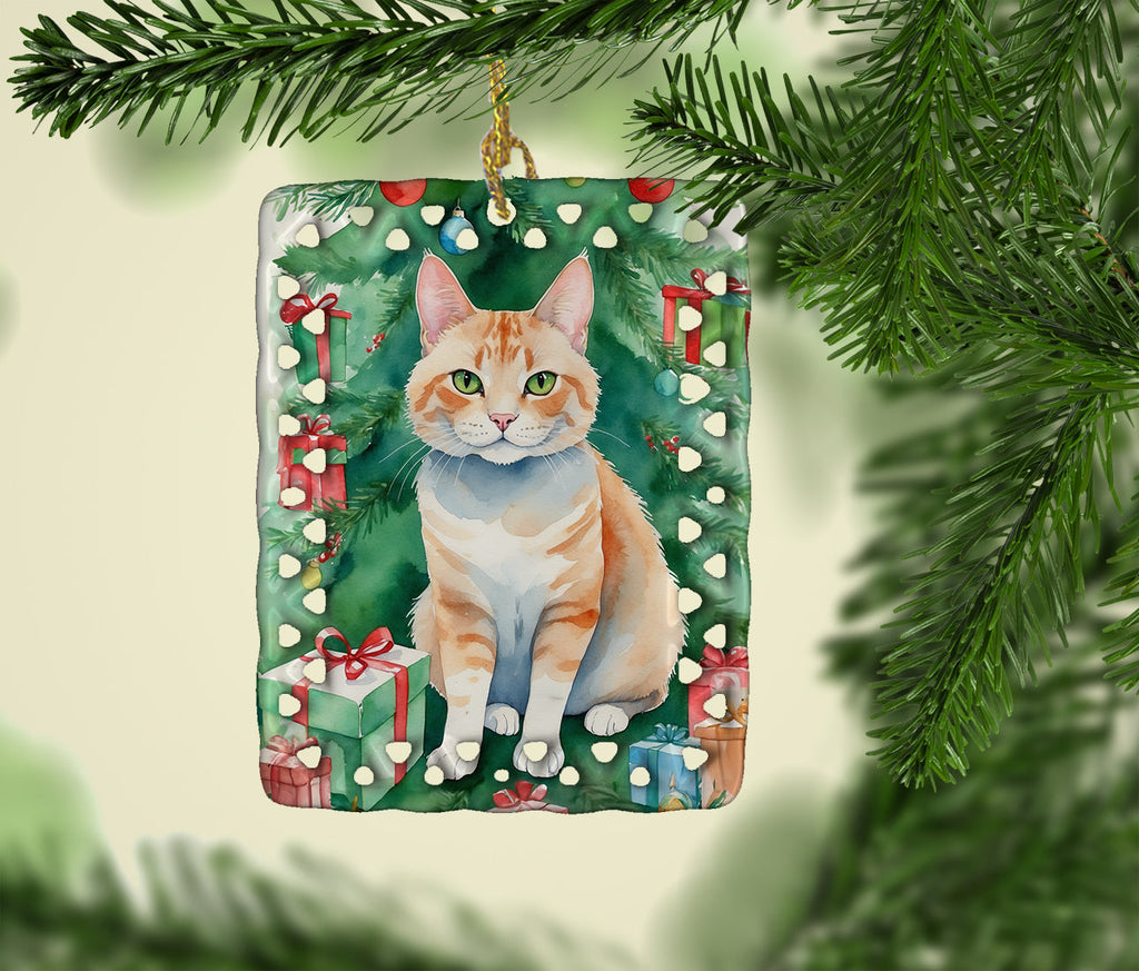 Ural Rex Cat By the Christmas Tree Porcelain Ornament Christmas Tree Hanging Decorations for Home Christmas Holiday, Rectangle, Gift, Multicolor