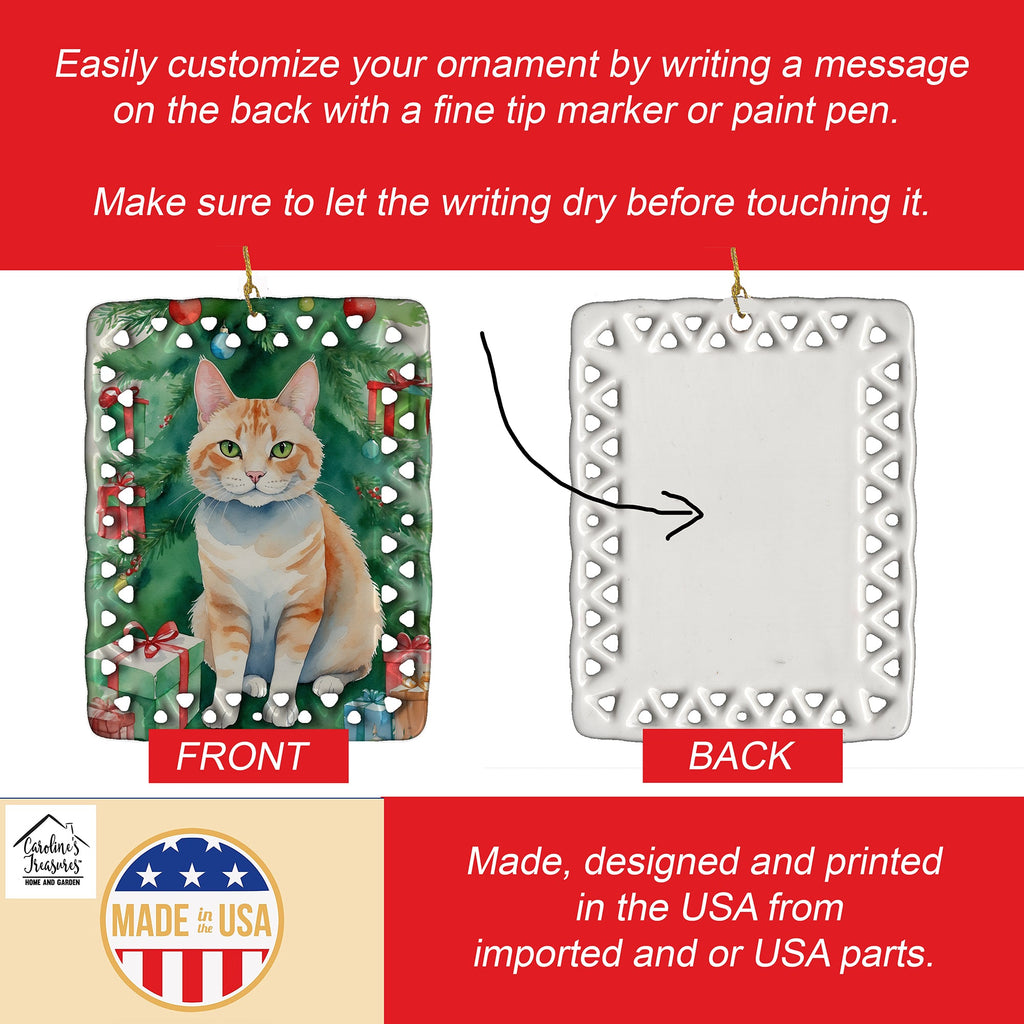 Ural Rex Cat By the Christmas Tree Porcelain Ornament Christmas Tree Hanging Decorations for Home Christmas Holiday, Rectangle, Gift, Multicolor