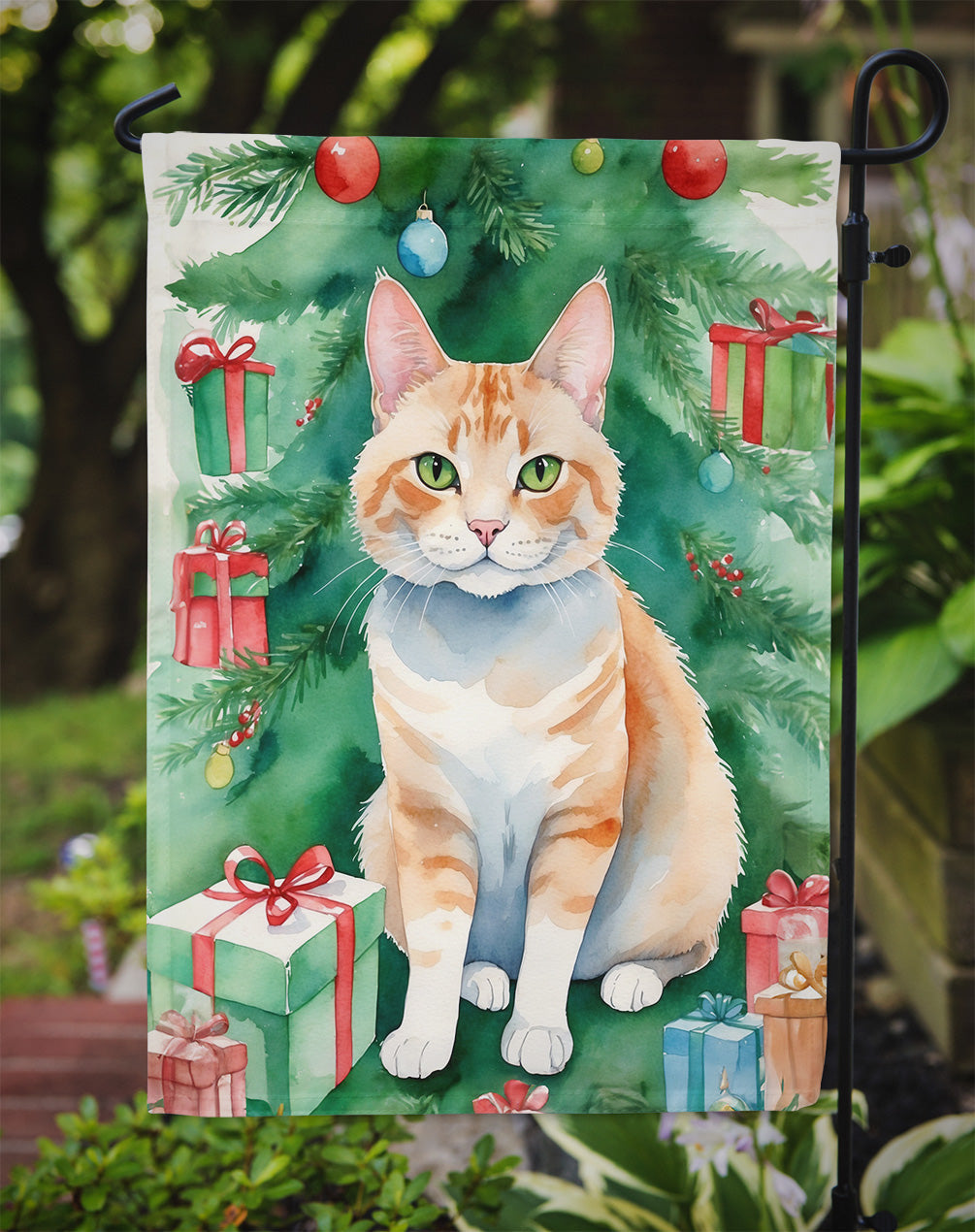 Ural Rex Cat By the Christmas Tree Garden Flag Mailbox Decorative Yard Banner Outside Patio Artwork for Flower Beds, Garden Size, Multicolor