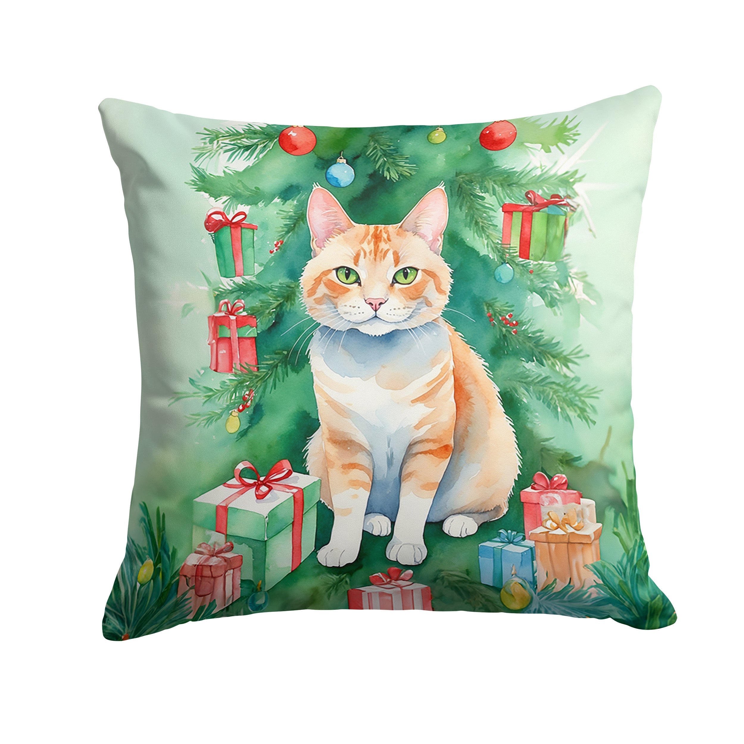 Ural Rex Cat By the Christmas Tree Decorative Throw Pillow 14x14 Indoor Outdoor Accent Cushion, Fabric Cover with Insert for Sofa, Bed, Porch & Living Room