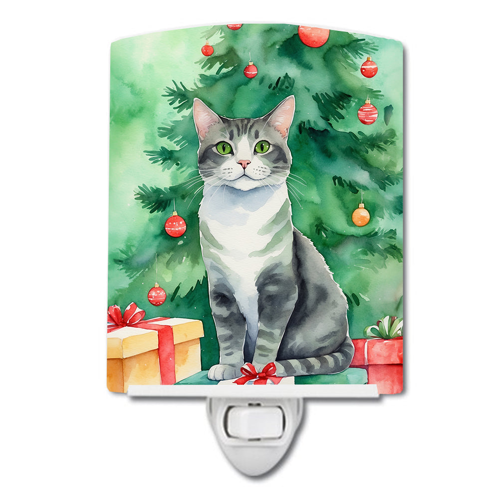 Ural Rex Cat By the Christmas Tree Ceramic Night Light Compact, UL-Certified, Ideal for Bedroom, Bathroom, Nursery, Hallway, Kitchen, 6x4x3, Multicolor