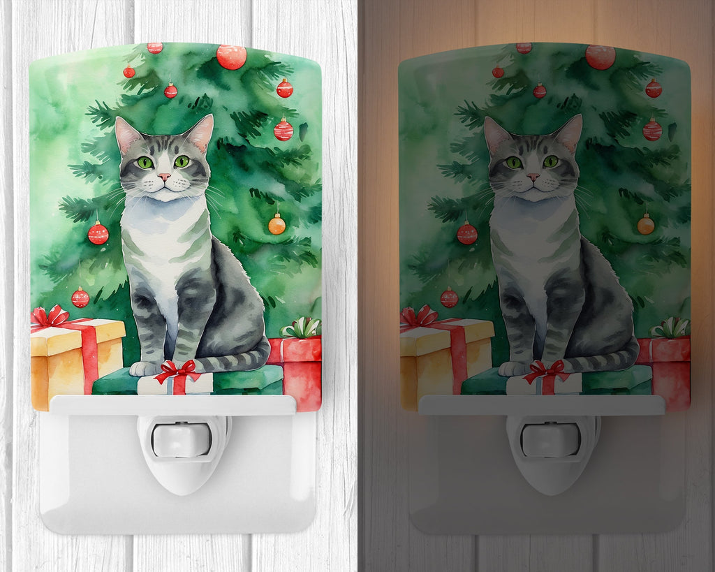 Ural Rex Cat By the Christmas Tree Ceramic Night Light Compact, UL-Certified, Ideal for Bedroom, Bathroom, Nursery, Hallway, Kitchen, 6x4x3, Multicolor