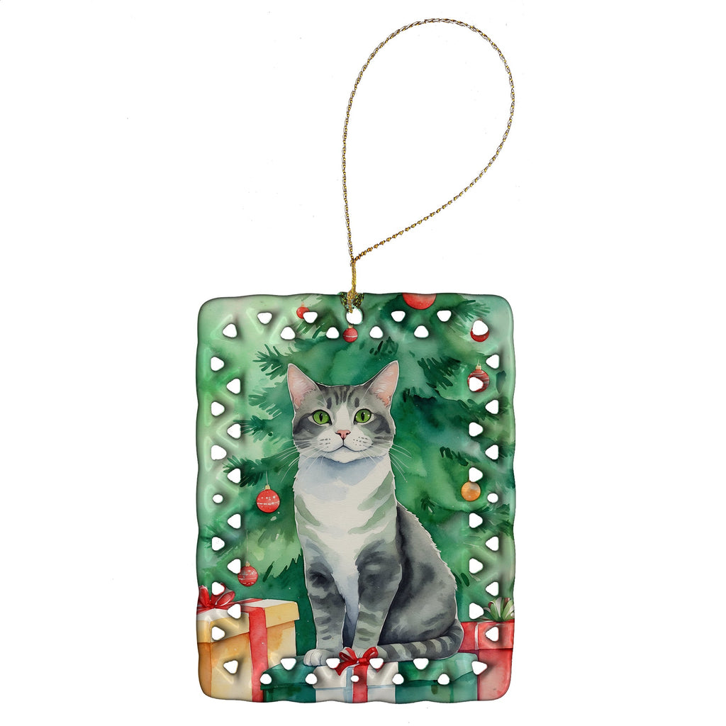 Ural Rex Cat By the Christmas Tree Porcelain Ornament Christmas Tree Hanging Decorations for Home Christmas Holiday, Rectangle, Gift, Multicolor