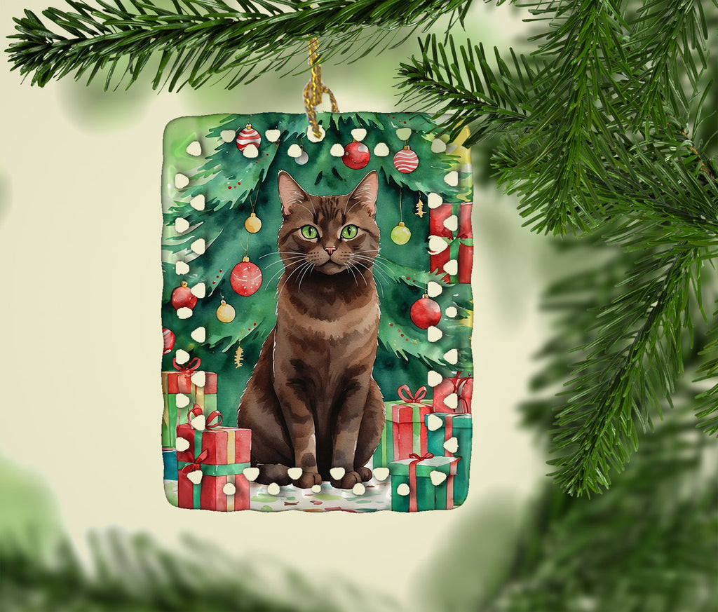 York Chocolate Cat By the Christmas Tree Porcelain Ornament Christmas Tree Hanging Decorations for Home Christmas Holiday, Rectangle, Gift, Multicolor