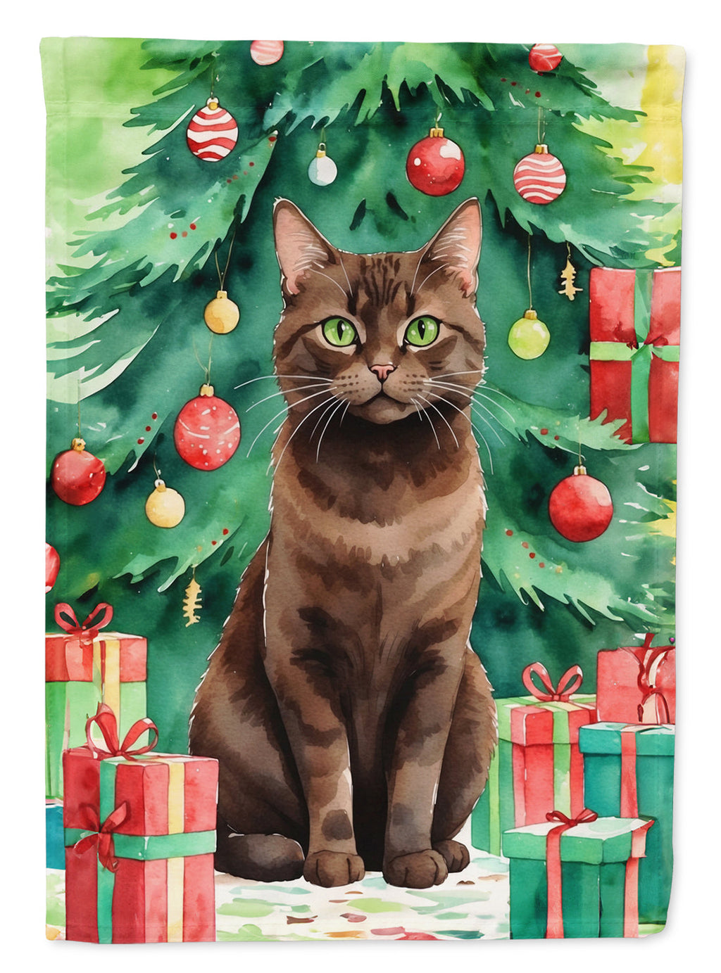 York Chocolate Cat By the Christmas Tree Garden Flag Mailbox Decorative Yard Banner Outside Patio Artwork for Flower Beds, Garden Size, Multicolor