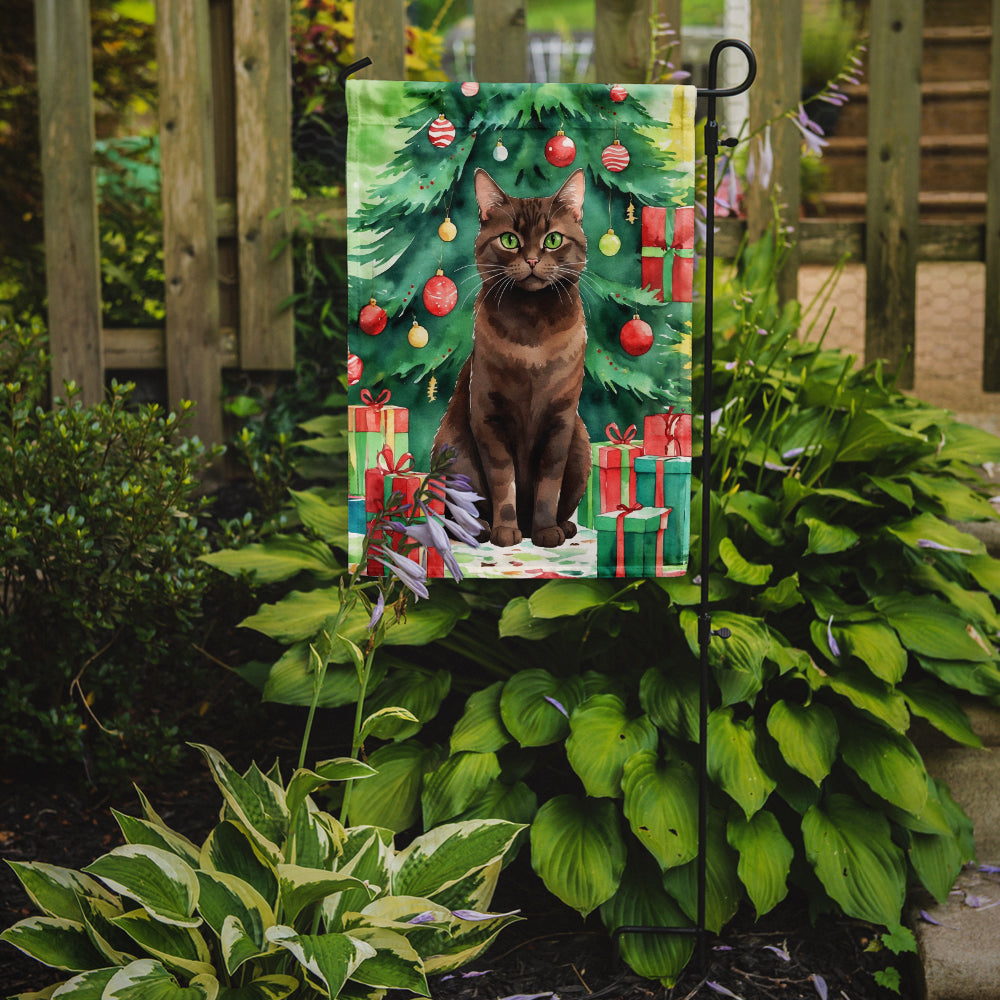York Chocolate Cat By the Christmas Tree Garden Flag Mailbox Decorative Yard Banner Outside Patio Artwork for Flower Beds, Garden Size, Multicolor