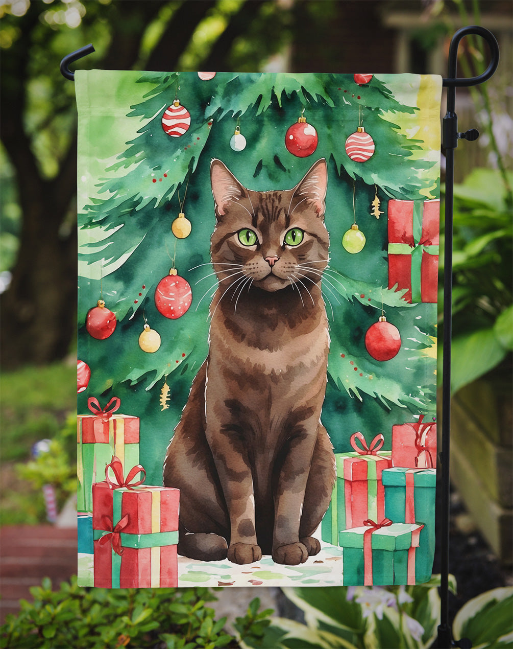 York Chocolate Cat By the Christmas Tree Garden Flag Mailbox Decorative Yard Banner Outside Patio Artwork for Flower Beds, Garden Size, Multicolor