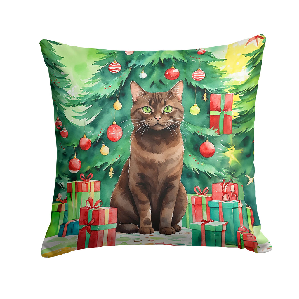 York Chocolate Cat By the Christmas Tree Decorative Throw Pillow 14x14 Indoor Outdoor Accent Cushion, Fabric Cover with Insert for Sofa, Bed, Porch & Living Room