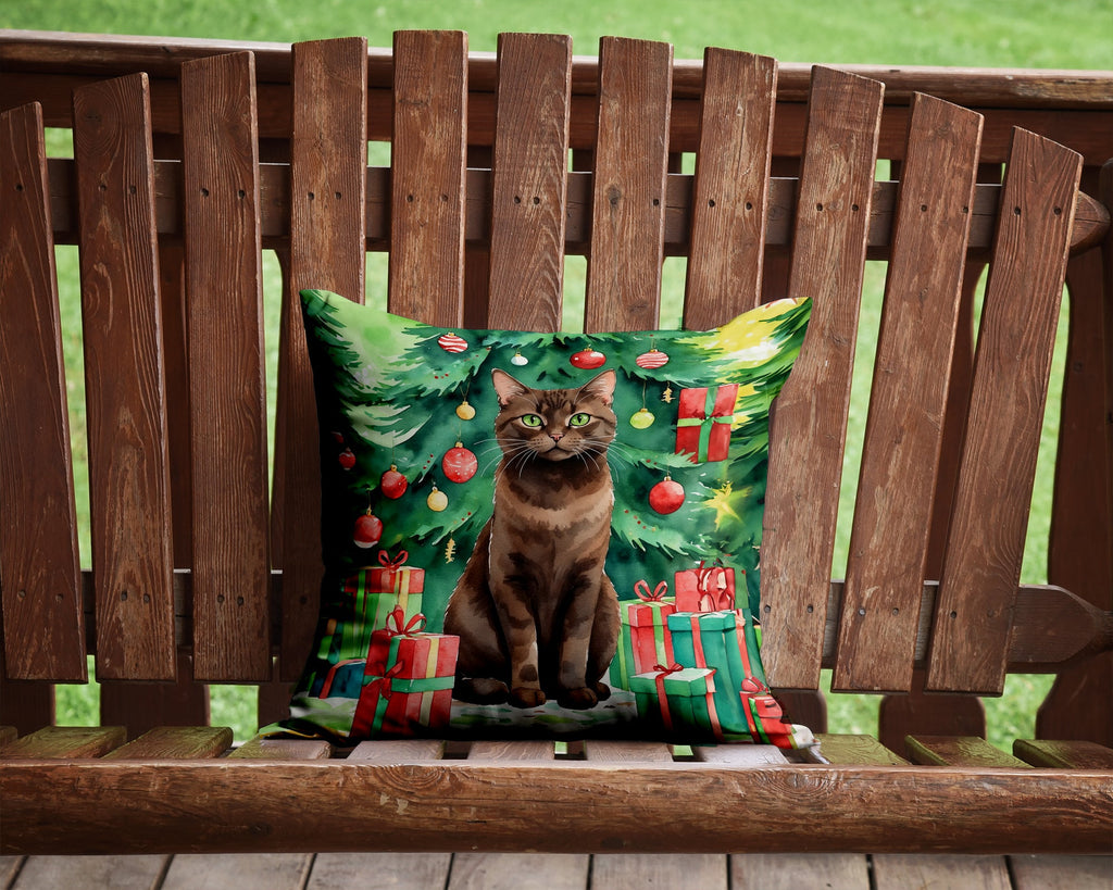York Chocolate Cat By the Christmas Tree Decorative Throw Pillow 14x14 Indoor Outdoor Accent Cushion, Fabric Cover with Insert for Sofa, Bed, Porch & Living Room