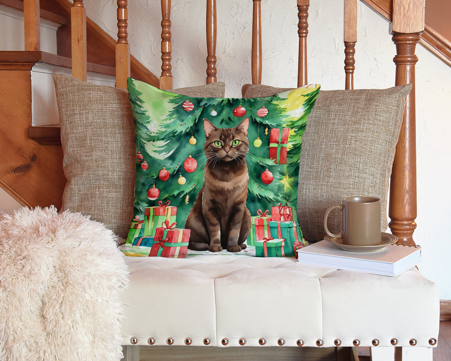 York Chocolate Cat By the Christmas Tree Decorative Throw Pillow 14x14 Indoor Outdoor Accent Cushion, Fabric Cover with Insert for Sofa, Bed, Porch & Living Room