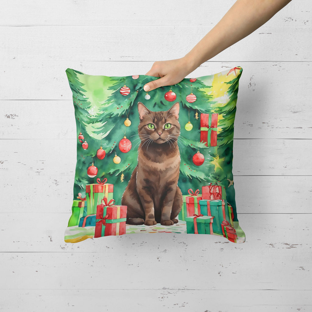 York Chocolate Cat By the Christmas Tree Decorative Throw Pillow 18x18 Indoor Outdoor Accent Cushion, Fabric Cover with Insert for Sofa, Bed, Porch & Living Room