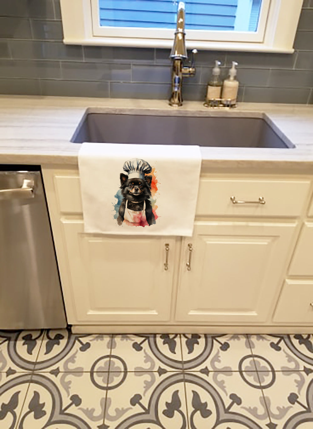 Pomeranian Chef Kitchen Towel Set of 2 White Dish Towels Decorative Bathroom Hand towel for Hand, Face, Hair, Yoga, Tea, Dishcloth, 19 X 28", White