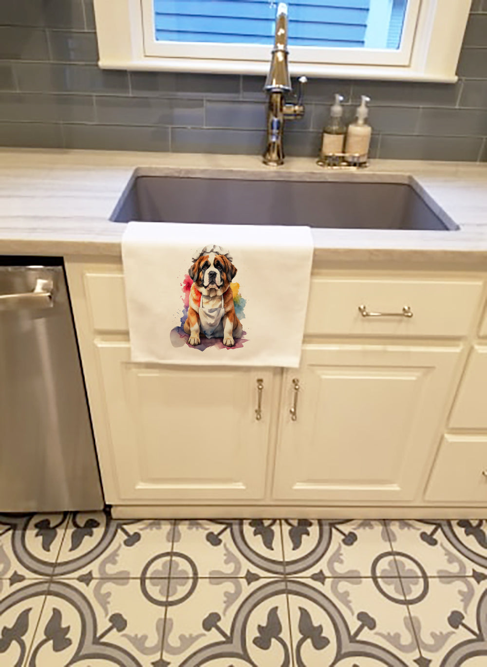 Saint Bernard Chef Kitchen Towel Set of 2 White Dish Towels Decorative Bathroom Hand towel for Hand, Face, Hair, Yoga, Tea, Dishcloth, 19 X 28", White
