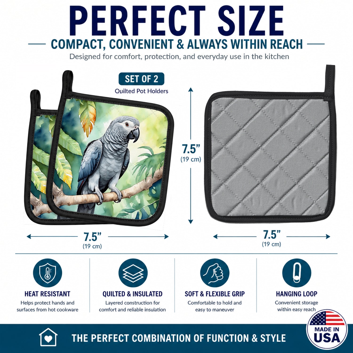 African Grey Parrot Pot Holder Set of 2 Heat Resistant Quilted Hot Pads 7.5 x 7.5 Inch, Insulated Kitchen Trivets for Cooking & Baking