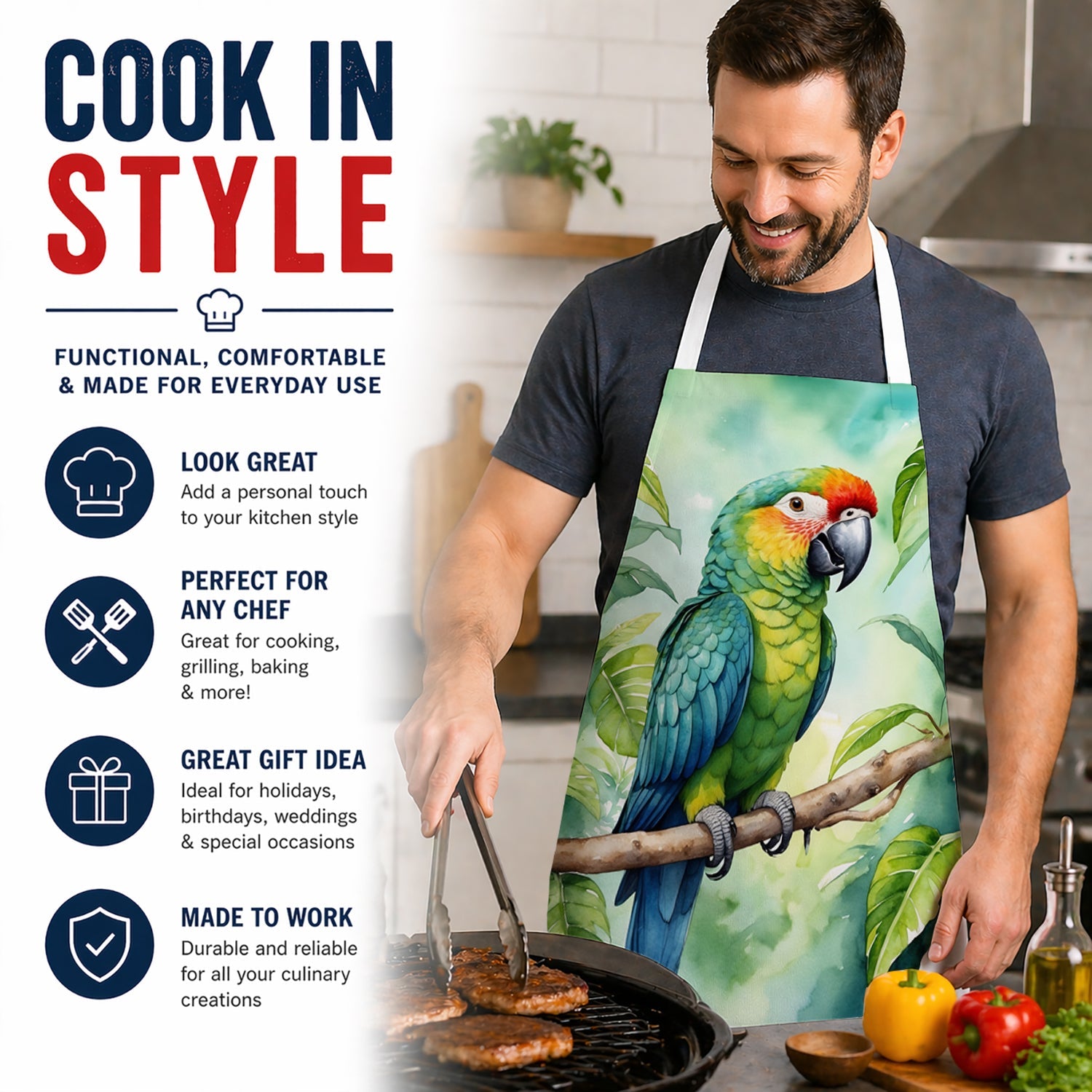 Amazon Parrot Apron Cooking Kitchen Server Baking Crafts Gardening for Adult Women Men, Unisex, Large, Multicolor