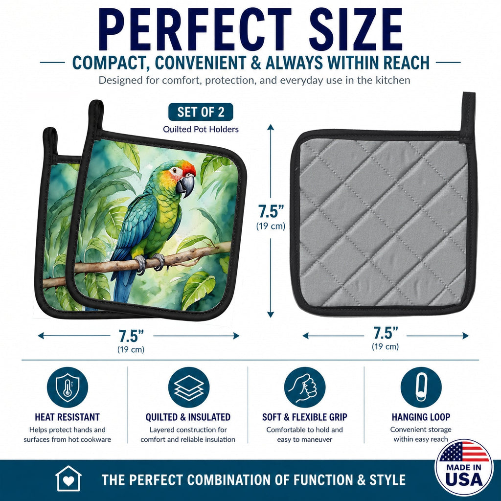 Amazon Parrot Pot Holder Set of 2 Heat Resistant Quilted Hot Pads 7.5 x 7.5 Inch, Insulated Kitchen Trivets for Cooking & Baking