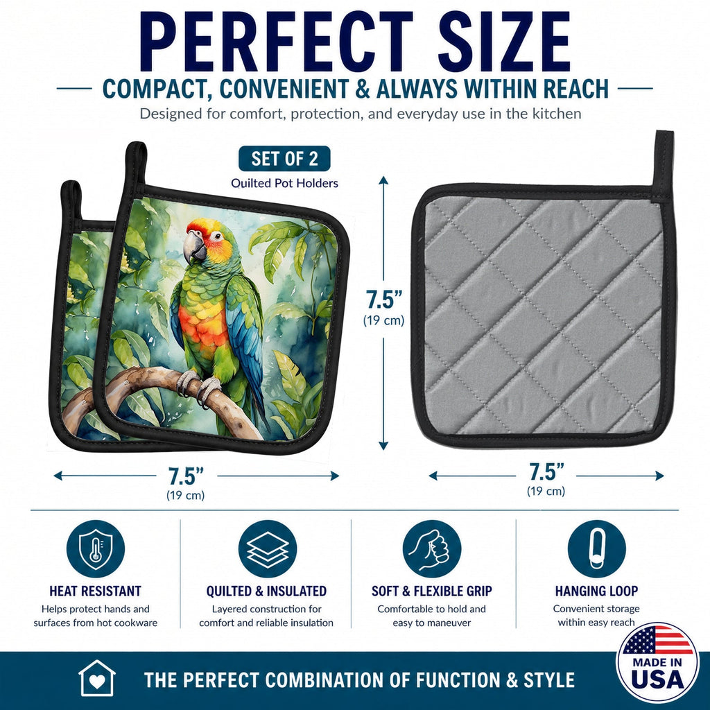 Amazon Parrot Pot Holder Set of 2 Heat Resistant Quilted Hot Pads 7.5 x 7.5 Inch, Insulated Kitchen Trivets for Cooking & Baking