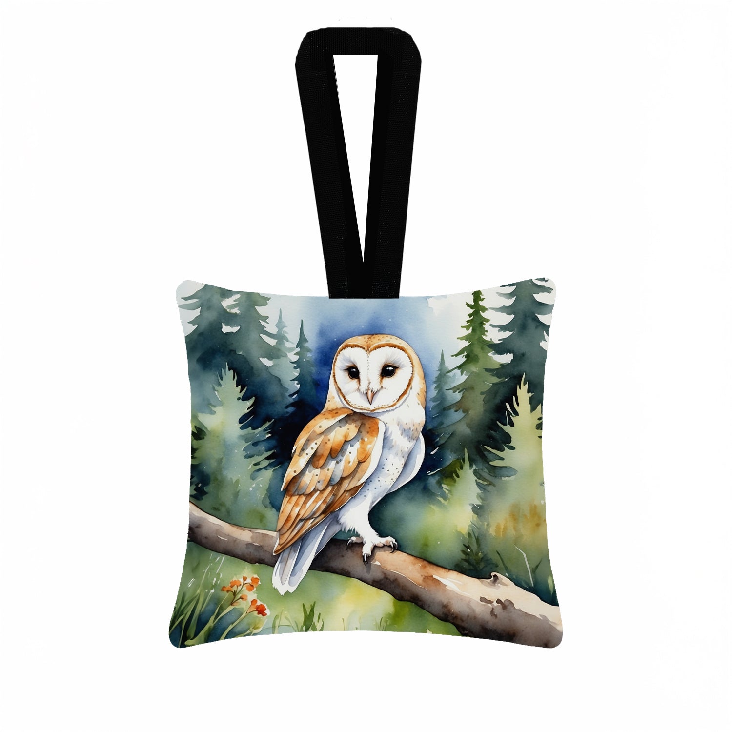 Barn Owl Hanging Square Fabric Ornament 3.5 × 3.5 Decorative Door-Knob & Tree Hanger, Soft Fabric