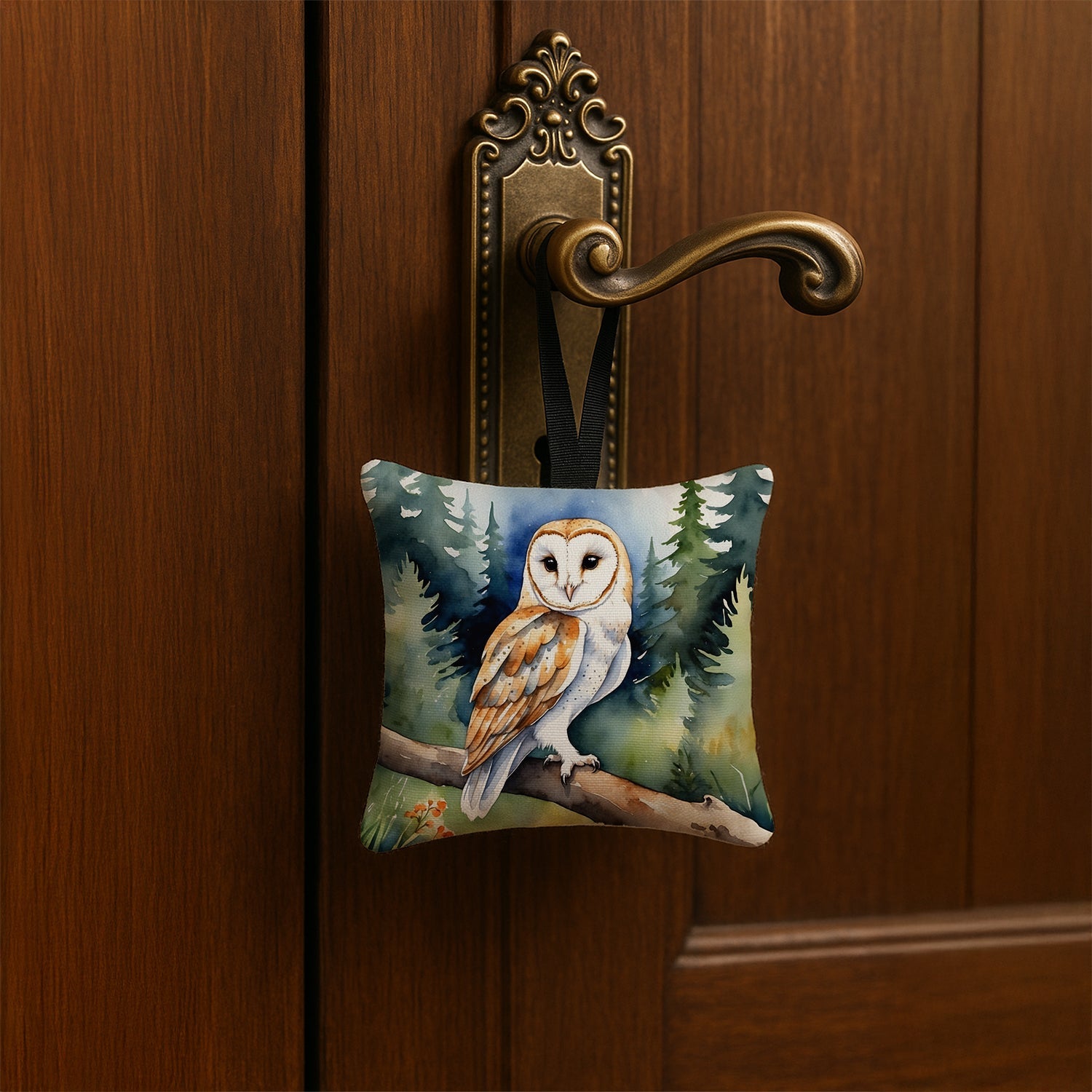Barn Owl Hanging Square Fabric Ornament 3.5 × 3.5 Decorative Door-Knob & Tree Hanger, Soft Fabric