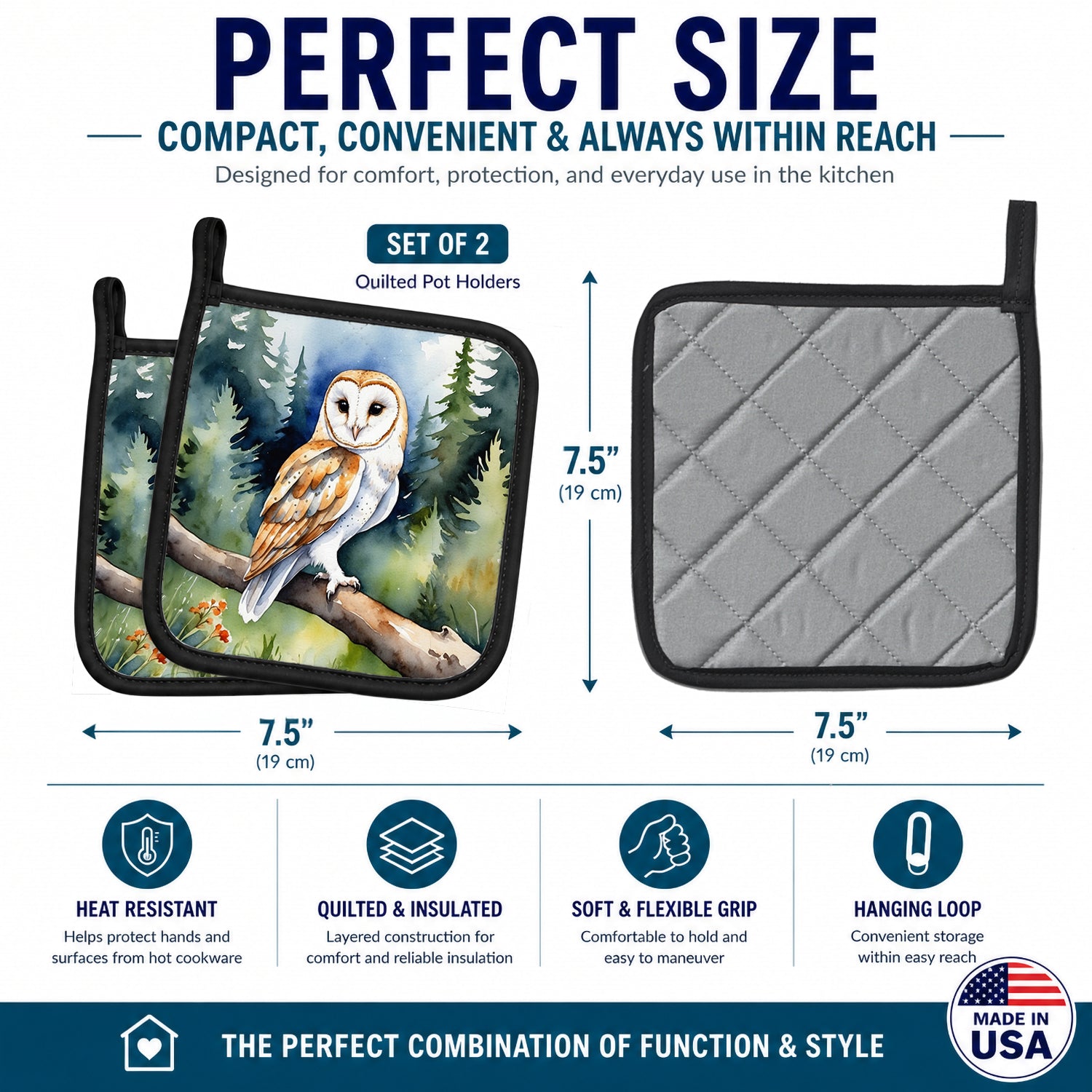 Barn Owl Pot Holder Set of 2 Heat Resistant Quilted Hot Pads 7.5 x 7.5 Inch, Insulated Kitchen Trivets for Cooking & Baking