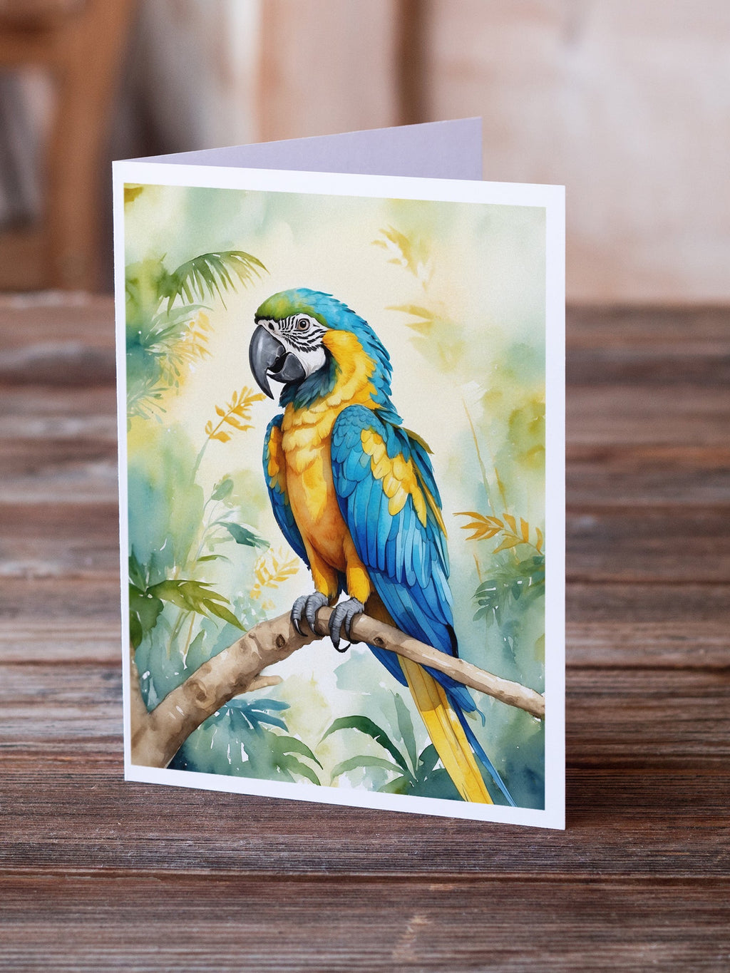 Blue and Gold Macaw Greeting Cards Pack of 8 Blank Cards with Envelopes Whimsical A7 Size 5x7